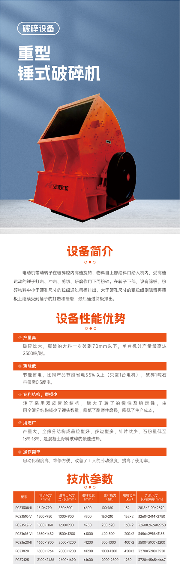 华宝矿机重型锤式破碎机设备技术参数